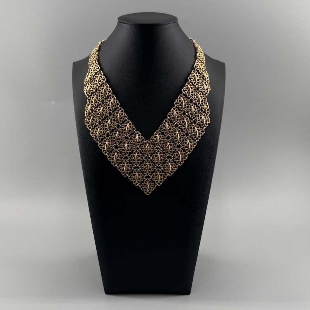 Vintage Gold Tone Mesh Filigree Bib Collar V Necklace Ornate Scrollwork Linked